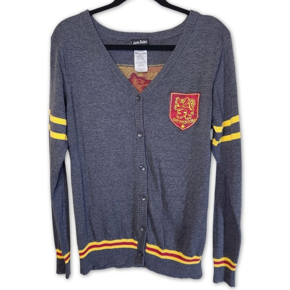 Harry Potter Cardigan Womens L Gray Varsity Gryffindor Embroidered Patch Button